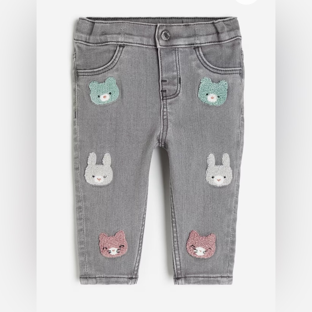 H&M Baby Girls Cute Animals Embroidered Denim Jeans Teddy Bear Bunny Rabbit Cat